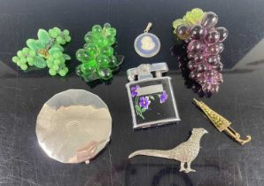 Assorted costume jewellery to include beaded glass bunch of grapes pendants, Wedgwood blue jasper