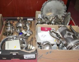 Three boxes of miscellaneous metalware, to include Guernsey type milk can, serving trays, teapots,