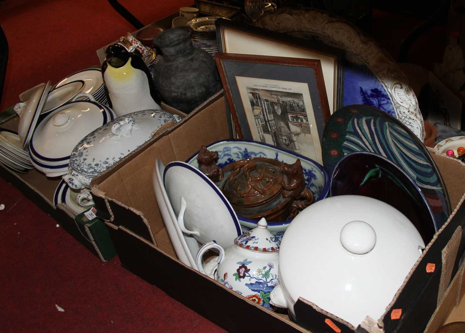 Four boxes of ceramics and glassware to include glazed pottery moneybank in the form of a penguin, - Image 2 of 2