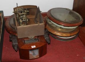 A collection of assorted wall clock parts to include a 19th century mahogany cased drop trunk wall