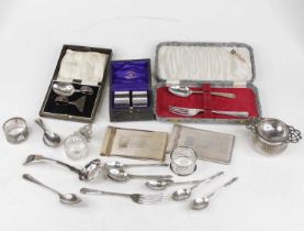 A collection of miscellaneous items, to include a silver fork and spoon, various silver plated items