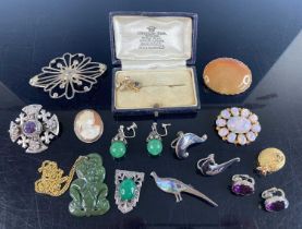 A small collection of silver and other costume jewellery, to include; sundry brooches, earrings,