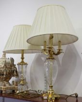 A brass mounted cut glass table lamp of ovoid pedestal shape, height including shade 79cm,