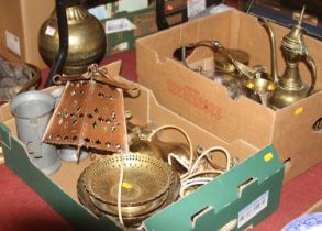 Two boxes of miscellaneous items, to include an Arts & Crafts pierced copper ceiling light