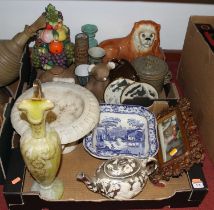 Three boxes of ceramics and other items to include a glazed pottery lion, meat cover, blue & white