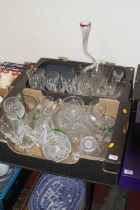 Two boxes of miscellaneous cut and pressed glassware to include champagne flutes, wine hocks, brandy