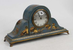 A 1920s blue lacquered mantel clock, with chinoiserie style decoration, the silvered dial with Roman