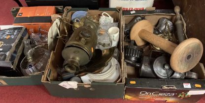 Three boxes of miscellaneous items, to include a copper tray, Arts & Crafts spirit kettle, brass