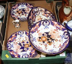 A collection of Derby Imari pattern table wares to include plates, dishes, and comport