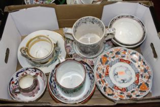 A box of miscellaneous china, to include a 19th century Staffordshire loving cup transfer printed