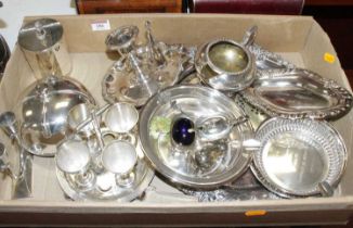 A box of miscellaneous silver plate, to include an Old Sheffield Plate chamberstick in the