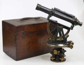 A 19th century patinated brass theodolite by Troughton & Simms, with bubble level above tube with