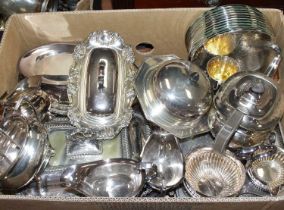 A box of miscellaneous silver plated wares, to include muffin dish and cover, entree dishes,