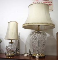 A brass mounted cut glass table lamp of high shouldered form, height including shade 73cm,