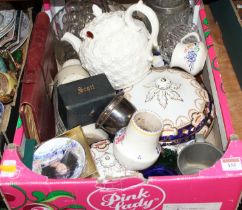 A box of miscellaneous items to include silver plated wine funnel, Spode teapot, a Book of Common