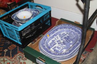 Two boxes of miscellaneous china to include a Victorian blue & white transfer decorated dish, the