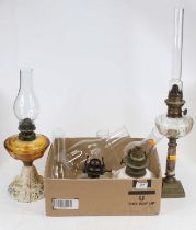 A Victorian oil lamp having an Eveready & Co burner on clear glass reservoir under polychrome