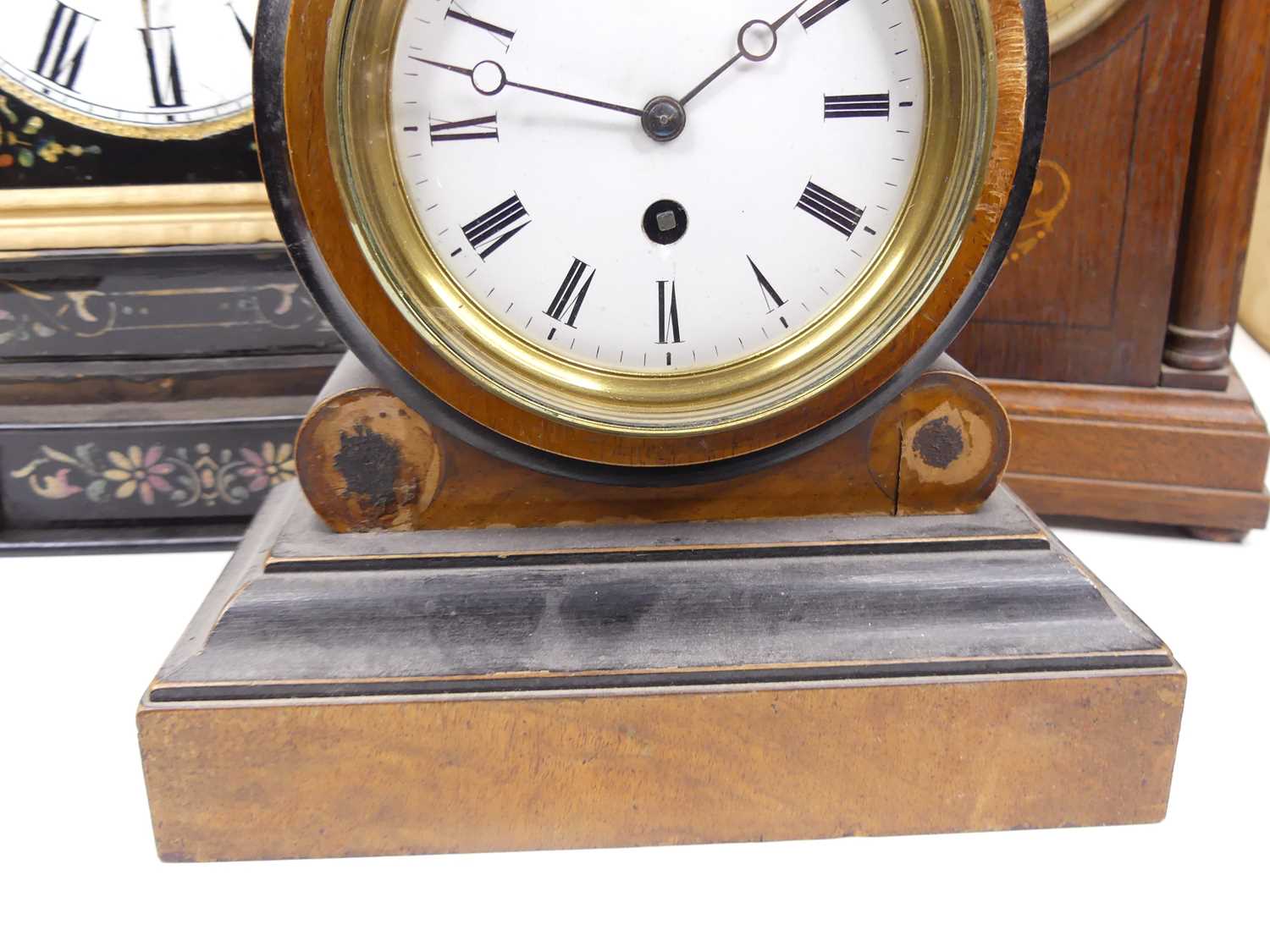 A Victorian walnut and ebonised cased drum head mantel clock, having an enamelled dial with Roman - Image 5 of 5