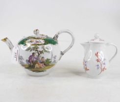 A Meissen porcelain teapot, enamel decorated with a courting couple, height 12cm, second quality (