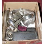A box of miscellaneous metalware, to include a silver plated easel photograph frame of heart