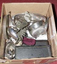 A box of miscellaneous metalware, to include a silver plated easel photograph frame of heart