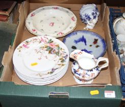 A box of ceramics to include 19th century Derby soup plate with beaded gilt border and painted