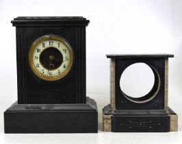 A Victorian black slate cased mantel clock, of typical form, having an enamelled chapter ring with