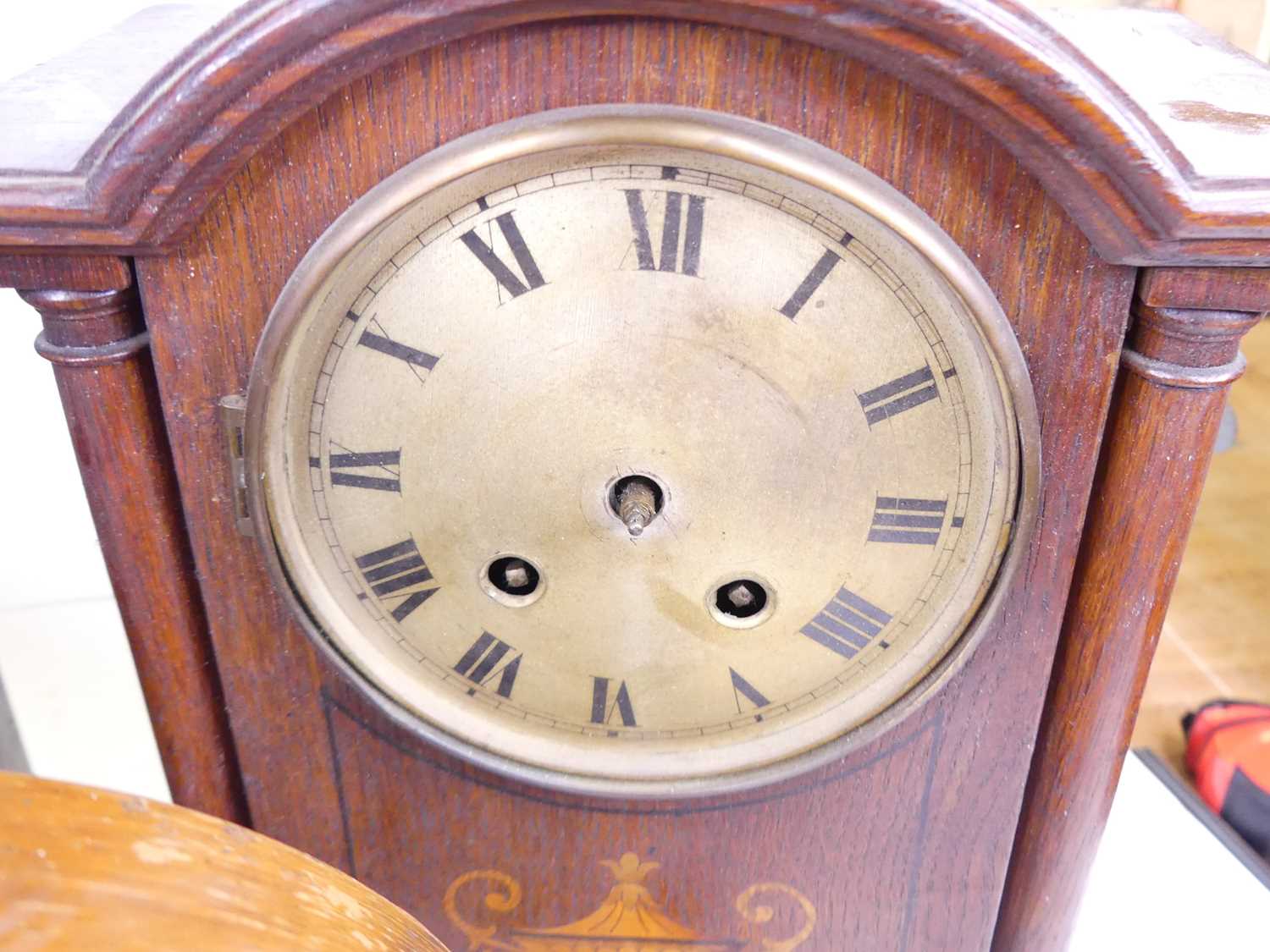 A Victorian walnut and ebonised cased drum head mantel clock, having an enamelled dial with Roman - Image 4 of 5