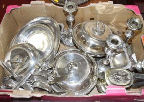 A box of miscellaneous silver plate, to include entree dishes, table candlesticks, loose flatware