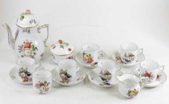 A Herend Fruits & Flowers pattern porcelain six place coffee service One saucer with hairline