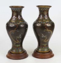 A pair of Chinese cloisonne vases of upper baluster form having recessed neck and flared rim, each
