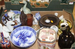 A box of miscellaneous china and glassware, to include a Japanese imari bottle vase, miniature