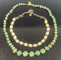 A beaded green hardstone necklace, together with a paste set necklace (2)