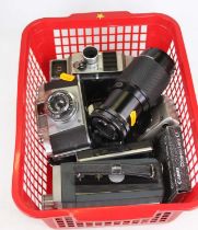 A collection of photography equipment to include an Agfa Silet SLR camera and a Vivitar 58mm zoom