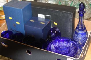 A box of miscellaneous glassware to include Bohemian style blue overlaid and cut glass decanter