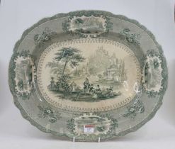 A Victorian green and white transfer decorated meat plate with printed mark to the reverse, width