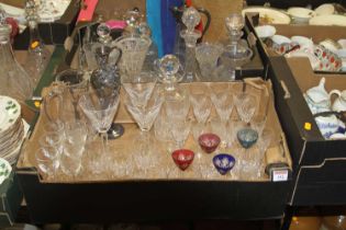 Two boxes of miscellaneous glassware to include ship's claret jug with silver plated mounts,