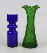 A Kralik style iridescent green glass vase of trailed tapering form having frilled rim, height 27cm,