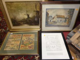 A pair of framed comic covers from the Rover and Wizard; topographical watercolour etc