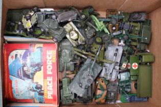 A tray of mixed play-worn military diecasts, with examples including a Dinky Toys Leopard Tank, a