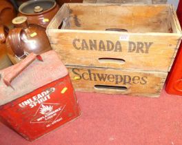 Three annotated pine drinks boxes, to include Schweppes and Canada Dry; together with a painted fuel