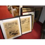 A selection of framed newspaper front pages and cuttings, primarily of World war Two interest