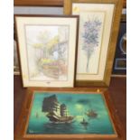 Far Eastern oil on canvas, and two modern prints (3)