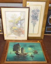 Far Eastern oil on canvas, and two modern prints (3)