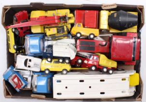 A tray containing a collection of vintage Tonka Toys, all of pressed steel construction and
