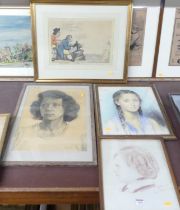 Assorted pictures and prints, to include David Buanand portrait study pastel, other pastel