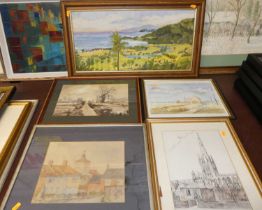 Assorted amateur artworks to include studies of Overy Staith, Norwich Cathedral etc (8)