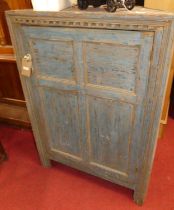 A rustic painted pine freestanding single door corner cupboard, width 91.5cm