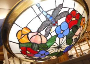 A pair of contemporary leaded coloured glass and brushed metal framed circular dished ceiling