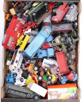 A tray of mixed play-worn diecasts and spare parts to include a Dinky Toys TV Extending Mast